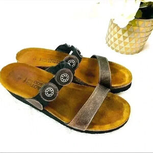 Naot Bronze Double Leather Strap Embellish Suede Cork Comfort Sandal Size 9